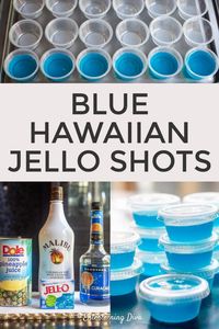 GREAT recipe for Blue Hawaiian jello shots with coconut rum! The pineapple juice, Malibu rum and blue curacao tastes great with the berry blue jello. #entertainingdiva #drinks #partyideas #cocktails #jelloshots #holidays