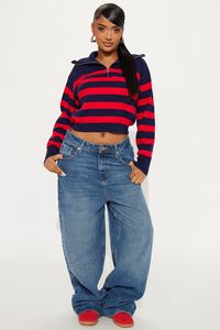 Available In Navy/Red And Black/White. Striped Pullover Sweater Quarter Zip Collar Long Sleeve Ribbed Detail 50% Rayon 30% Polyester 20% Nylon Imported | Nadine Striped Quarter Zip Sweater in Navy Blue/Red size Large by Fashion Nova