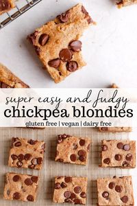 Healthy Chickpea Blondies with chunks of chocolate in every bite. This easy and healthy recipe is vegan and gluten-free, can be made with almond flour or oat flour, and is packed with protein. Can easily be made nut free, too! #food #recipe #blondies #healthy #chickpeas #baking #vegan #glutenfree