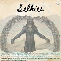 The defining characteristic of selkies is their ability to transform between seal and human forms. In their seal form, selkies are typically described as sleek and graceful marine mammals, often identified as seals. When they come ashore, they have the ability to shed their sealskin, revealing their human form.   #myth #legend #selkies #water #ocean #seawitch #monster #creature #folklore