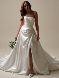 Liquid satin asymmetrical pleated A-line wedding gown