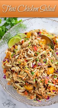 This Thai Chicken Salad features a homemade peanut dressing, crispy cabbage, shredded chicken, crunchy peanuts, and more! Serve as a light dinner or a special side dish!