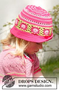 Sweet berries hat - Crochet hat in DROPS Safran. Size children 3 to 12 years. Free crochet pattern DROPS Children 23-48