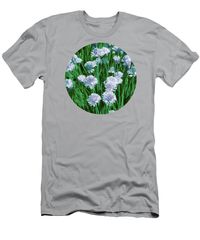 Purchase a t-shirt featuring the design "Blooming  Light Blue Chives" by Ira Niva.  Available in sizes S - XXL.  Each t-shirt is printed on-demand, ships within 1 - 2 business days, and comes with a 30-day money-back guarantee.