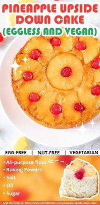 If you are a cake lover and pineapples fascinate you, this is a dessert recipe you cannot just miss! Made with the superbly moist pineapple-infused cake base and crowned with caramelized pineapple rings and maraschino cherries, this recipe for Eggless Pineapple Upside Down Cake is a complete stunner! #egglessbaking #egglesscake #pineapplecake #upsidedowncake