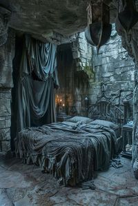 The Dusk Crypt Chamber combines gothic elegance with macabre elements in a dark fantasy bedroom setting. Gothic furniture and skull details are accentuated by dark stonework and wrought-iron candle fixtures, creating a tomb-like atmosphere. This unique style suits those who find beauty in the gloom and tranquility of darker fantasies. Click to unveil more dark fantasy bedroom designs.