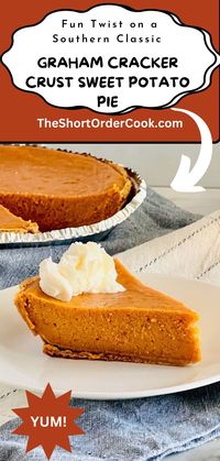 For the best Thanksgiving pie, try this easy recipe for homemade sweet potato pie with a graham cracker crust. The fun twist from the Southern classic dessert substitutes the traditional pie crust for ready-made store-bought graham cracker crust. Crisp cinnamon cookie crust goes well with the spiced creamy from scratch sweet potato pie filling. Great for Christmas, Fall, Autumn, & holidays. A comforting soul food favorite. Made from fresh baked or roasted sweet potatoes, not canned yams.