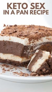 Sex in a pan - yes that really is the name of this luscious and creamy dessert recipe! And this version is keto and sugar-free, so it's a delicious way to indulge. Layers of cheesecake and creamy chocolate pudding, with a chocolate cookie crust.