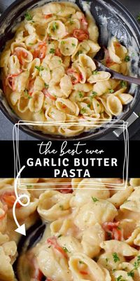 Quick garlic butter pasta that is creamy, rich, and comforting! This weeknight dinner can be tossed together in about 20 minutes, with minimal effort. The recipe is vegan (dairy-free, eggless), super easy, and can be made gluten-free! #garlicbutterpasta #garlicbuttersauce #vegancarbonara #veganpasta #elasrecipes | elavegan.com