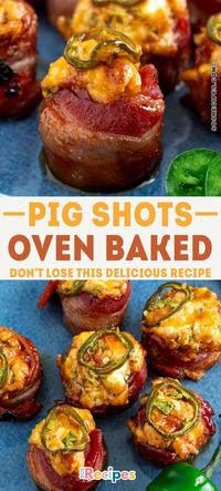 Pig Shots are great appetizers to feed a crowd of hungry teenagers or guys.  They are hearty and filling sausage bites covered with bacon and topped with a cream cheese and jalapeno mixture.