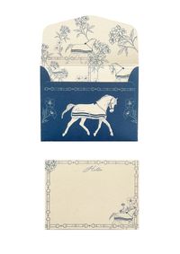 Product Description Equestrian inspired stationery set. Add a touch of your passion and love for horses to your handwritten cards. Designed with our most iconic patterns and motifs and printed on luxury paper, we have created a signature collection that epitomizes equestrian charm and individuality. Dimensions: 12 cm X 9 cm Includes: 6 cards and envelopes on luxurious paper Luxury box to keep your cards