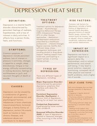 This depression cheat sheet offers an overview on depression. It provides resources to improve on a foundational understanding of depression, including different risk factors for and types of depression. This overview is meant to be used for informational purposes, and can be a helpful starting point to gain deeper understanding of depression.