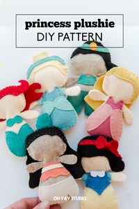 A simple DIY with pattern to make disney princess plushies.   #disney #princess #plushies #stuffies, #moana #jasmine #cinderella #snowwhite #diy #sewasoftie