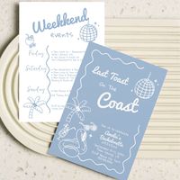 Last Toast On The Coast Bachelorette Party Invitation and Itinerary Template, Cute Blue Coastal Beach Bach Weekend Events and Invite Card.