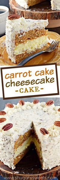 This Carrot Cake Cheesecake Cake recipe is a showstopper! Layers of homemade carrot cake, a cheesecake center and it's all topped with a delicious cream cheese frosting!