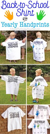 Learn how to create this cute keepsake for your child that you can update each school year! Back-to-School Shirt with Yearly Handprints: Year 2! | Where The Smiles Have Been