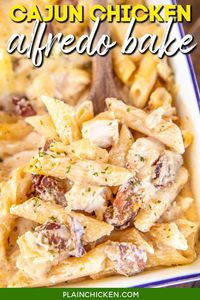 Cajun Chicken Alfredo Bake - great make-ahead pasta dish the whole family will enjoy. Penne pasta, Alfredo sauce, sour cream, ricotta, garlic, chicken, smoked sausage, cajun seasoning, eggs, parmesan, and mozzarella cheese. SO good! Makes a lot of food. Can freeze half for later. Great for Mardi Gras or an easy weeknight meal!