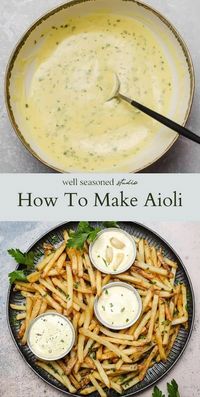 Whip up homemade aioli in just five minutes! This rich and creamy condiment is a game-changer, crafted from a fresh egg, lemon juice, garlic, and canola oil, then perfectly emulsified with extra virgin olive oil. Elevate your sandwiches, wraps, or fries, or use it as a flavorful alternative to mayonnaise. Gluten-free and dairy-free, it's a versatile addition to any meal. #wellseasonedstudio #aioli #garlicaioli #tarragonaioli #homemadeaioli #sauce