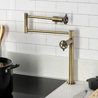 Fuller KS4703CG Two-Handle Deck Mount Pot Filler, Antique Brass Upgrade your kitchen with our sleek deck mount pot filler faucet featuring foldable swing arms for an extendable reach of up to 21-11/16". Crafted with durable brass construction, this pot filler ensures reliable and effortless pot-filling while minimizing joint strain. Say goodbye to carrying heavy water to and from the sink and enjoy convenient pot-filling directly above your stove. Experience the perfect blend of style, convenien