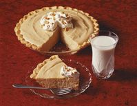 The rich, creamy filling of this pie – peanut butter, skim milk, eggs, sugar, salt, and vanilla – is baked in a pastry shell, then cooled and topped with whipped topping and chopped peanuts.