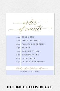 Purchase this listing to instantly download, edit and print your own Order Of Events Wedding Timeline Sign. Download your high resolution template(s) instantly after your payment is complete!