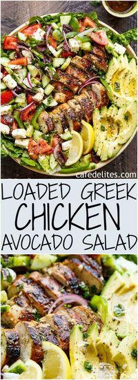 Loaded Greek Chicken Avocado Salad is another meal in a salad! Full of Greek flavours and a 5-ingredient dressing that doubles as a marinade! | https://cafedelites.com