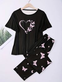 Heart & Butterfly Print Pajama Set, Comfort Short Sleeve Top & Loose Long Pants, Women's Loungewear & Sleepwear, y2k finds, y2k pjs, affiliate