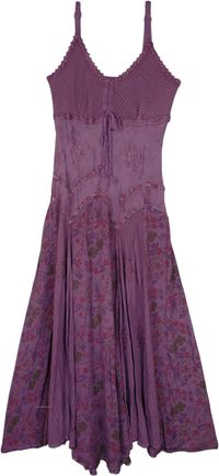 Whisk yourself to wonderland with this gorgeous corset-style long rayon dress with floral print! With its sleeveless style, v-neck, the corset-inspired dress looks very dainty.  The feminine cut with floral pattern brings about a very delicate look. #tlb #Embroidered #Misses #Peasant #Fall #Floral #fairylongdress #purpledress #renaissancedress