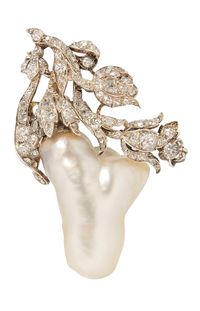 Antique Pearl and Diamond Brooch, the foliate top set with numerous old-mine, rose-, and single-cut diamonds, with a natural blister pearl measuring approx. 28.00 x 18.00 mm.