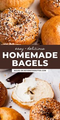 Soft and chewy on the inside with a light golden brown outside—these Easy Homemade Bagels are fantastic! Bake them up plain or with everything bagel seasoning sprinkled over the top. Either way, toasted with some whipped cream cheese, they make the perfect breakfast! Find the full recipe on BeyondtheButter.com.