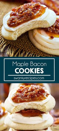 Maple Bacon Cookies - Tasty cream cheese frosted maple bacon cookies. A delicious maple sugar cookie dough with maple cream cheese frosting and bacon on top. A sweet and salty cookie that's perfect for the holidays and Father's Day dessert.