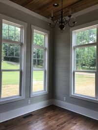 Office. Shiplap, SW Repose Gray. Chandelier was reclaimed from the old Big Cove Free Holiness Church.