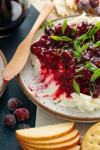 Wooden butter knife on the edge of a plate of cranberry cream cheese dip