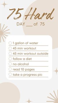 Social Media templates for sharing progress pics, daily checklist and 1-75 daily countdown for the 75 Hard Challenge