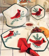 Vintage Crochet Pattern Christmas Cardinal Kitchen Set 4 Pc PDF Instant Digital Download Tea Cosy Place Mat Pot Holder Towel Topper 10 Ply - Etsy