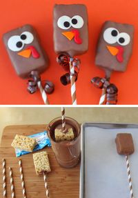 Chocolate Dipped Rice Krispies Treat Turkey Pops | Click for 30 DIY Thanksgiving Crafts for Kids to Make | Easy Thanksgiving Crafts for Toddlers to Make