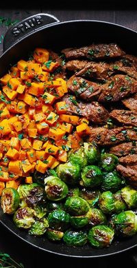 Garlic Butter Steak with Brussels Sprouts and Sweet Potatoes (or Butternut Squash). It is a delicious dinner packed with fiber (veggies) and protein (thinly sliced flank steak). This vibrant and colorful recipe will bring comfort food to your dinner table on a busy family weeknight.