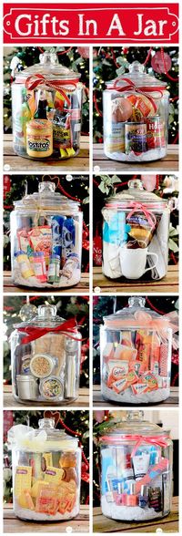 Gifts In A Jar ~ Think outside the gift basket "box!" A simple, creative, and inexpensive gift idea sure to please many different people on your list!