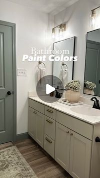 Tori | affordable home inspo on Instagram: "FAQ Bathroom makeover paint colors?

Walls- Extra White by Sherwin-Williams
Trim and doors- Acacia Haze by Sherwin-Williams
Vanity- Accessible Beige by Sherwin-Williams
Lighting- Champagne Mist by Rustoleum 

SAVE for later 🤍
FOLLOW for easy DIYs + homes styling ideas +  affordable finds

#bathroommakeover #bathroommakeoveronabudget #diy #diyhomeimprovement #diyhomeprojects #greenpaint #whitepaint #paintcolors"