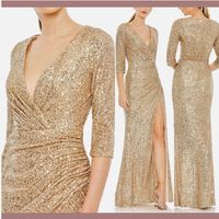 Nwt $398 Ieena Mac Duggal [ 24 ] Sequined Draped 3/4 Sleeve Gown Light Gold Q462 New With Tags Ieena For Mac Duggal Sequined Mesh Overlay; 100% Polyester Lining Fully Lined Though Body And Skirt; Semi-Sheer Unlined Sleeves V-Neckline 3/4 Length Sleeves Gathered Waist Ruching Featured Along Bodice And Skirt Thigh-High Front Slit Concealed Back Zipper In Light Gold Style #42015 $398 ___________________ Offers Are Welcomed! Quick Ship Questions? Bundle & Ask! Check Out My Closet For Other Items! Ne