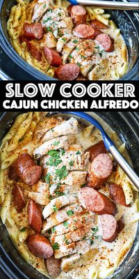 Slow Cooker Cajun Chicken Alfredo - this cajun alfredo is absolutely loaded with flavor! Seasoned chicken and smoked sausage in a homemade cajun alfredo sauce.