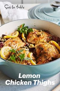 Chicken thigh recipe idea with capers, olives & roasted lemons!