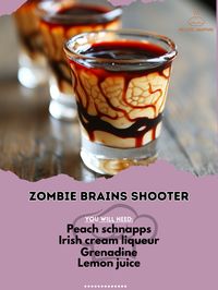 🧟‍♂️🧪 Zombie Brains Shooter—Get spooky with this fun and eerie zombie brains shooter. Perfect for Halloween thrills! 🎃👻 #ZombieBrainsShooter #HalloweenDrinks Zombie Brains Shooter Ingredients: Peach schnapps (1/2 oz) Irish cream liqueur (1/2 oz) Grenadine (1/4 oz) Lemon juice (1/4 oz) Instructions: Pour peach schnapps into a shot glass. Slowly layer Irish cream liqueur on top. Drizzle grenadine and lemon juice. 🧪🧟‍♂️ This zombie brains shooter is a must-try for Halloween parties. Spooky a...