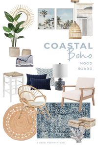 How can you achieve the coastal bohemian look in your room? With these few tips and some ideas for product decor, it's easy to get started. Read the article and get the look at A Visual Merriment. Also, download your free beach boho wall art. A muted color scheme, natural elements, and textures are the keys to this style | Scandi relaxed bohemian bedroom and living room interior styling for your home, coastal boho home decor and furniture in calming blues #coastal #boho #home #avisualmerriment