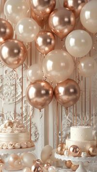 Dazzle your guests with the radiance of rose gold and ivory glittering balloon décor. Elevate your baby shower with a touch of sparkle and sophistication.