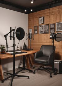 Step up your podcast game with this luxurious studio design, featuring sleek furniture, professional-grade microphones, and a cozy ambiance. Ideal for podcasters who want to elevate their content creation experience. Save this pin for your next studio upgrade! #PromptCraftedSetups