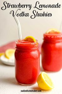 Summertime is better with Strawberry Lemonade Vodka Slushies! Frozen strawberries and freshly squeezed lemons, combined with vodka, a little bit of simple syrup, and ice, make these drinks the hit of the party! Skip the vodka for virgin slushies! #summertimedrinks #frozencocktails