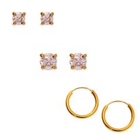 18kt Gold Plated Cubic Zirconia Mixed Crystal Stud & Hoop Earrings, 3 Pack ($32.99, $19.79) • 18kt gold plated. Finish: Gold tone. Stud Diameters: 3MM, 4MM. Hoops Diameter: 10MM. Closure: Post back, Infinity loop. Material: Cubic zirconia. 2 pairs of stud earrings w/ cubic zirconia stones & a pair of small hoop earrings. | claires.com/us