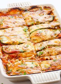 Chicken Zucchini Enchilada Casserole Recipe -- Layers of cooked chicken thighs or breasts with zucchini and homemade enchilada sauce. Healthy.