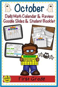 Do you need a great math class starter that can be used with Google Slides or as a student booklet? This  First Grade Daily Calendar and Math Review Google Slides & Student Booklet for October has students practice calendar skills;  report the daily weather; work on money skills;  review math skills, and answer story problems. There are 25 slides or student math review sheets.  #math #mathfacts #calendar #money #firstgrade #digital #Googleslides #theteachingscene #theteachingscenebymaureen